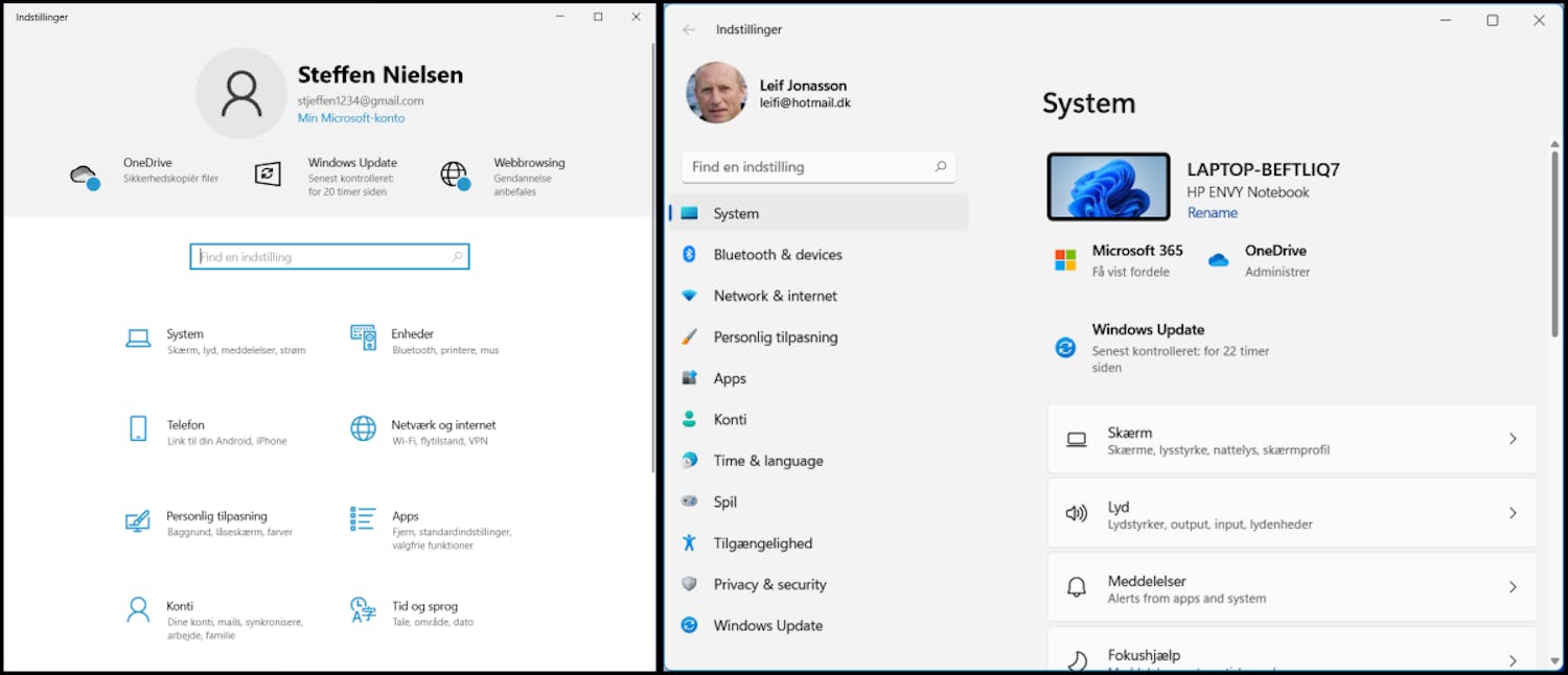 Innstillinger: De kjente innstillingene i Windows 10 vises til venstre, mens innstillingene i Windows 11 vises til høyre.